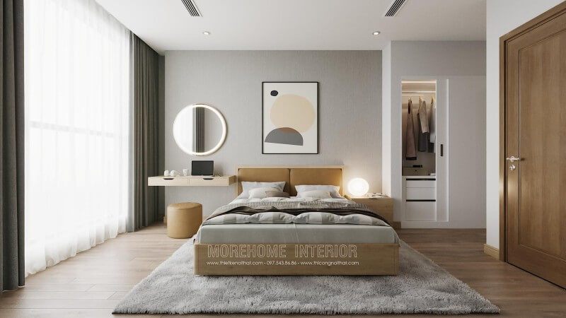 Giường ngủ chung cư đẹp được thiết kế theo phong cách hiện đại, đơn giản, tông màu vàng, kết hợp thảm trải sàn bông màu xám điểm nhấn lạ mắt và cuốn hút hơn cho căn phòng
